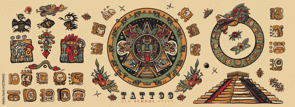 Old school tattoo collection. Ancient Maya Civilization. Mayan, Aztecs,  Incas. Sun stone, pyramids, glyphs Kukulkan. Mexican mesoamerican culture. Traditional  tattooing style Stock Vector | Adobe Stock