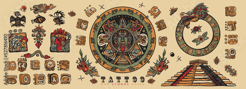 Old school tattoo collection. Ancient Maya Civilization. Mayan, Aztecs, Incas. Sun stone, pyramids, glyphs Kukulkan. Mexican mesoamerican culture. Traditional tattooing style