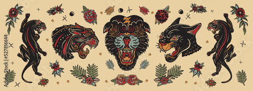 Old school tattoo collection. Black panthers. Wild cats. Traditional tattooing style © intueri
