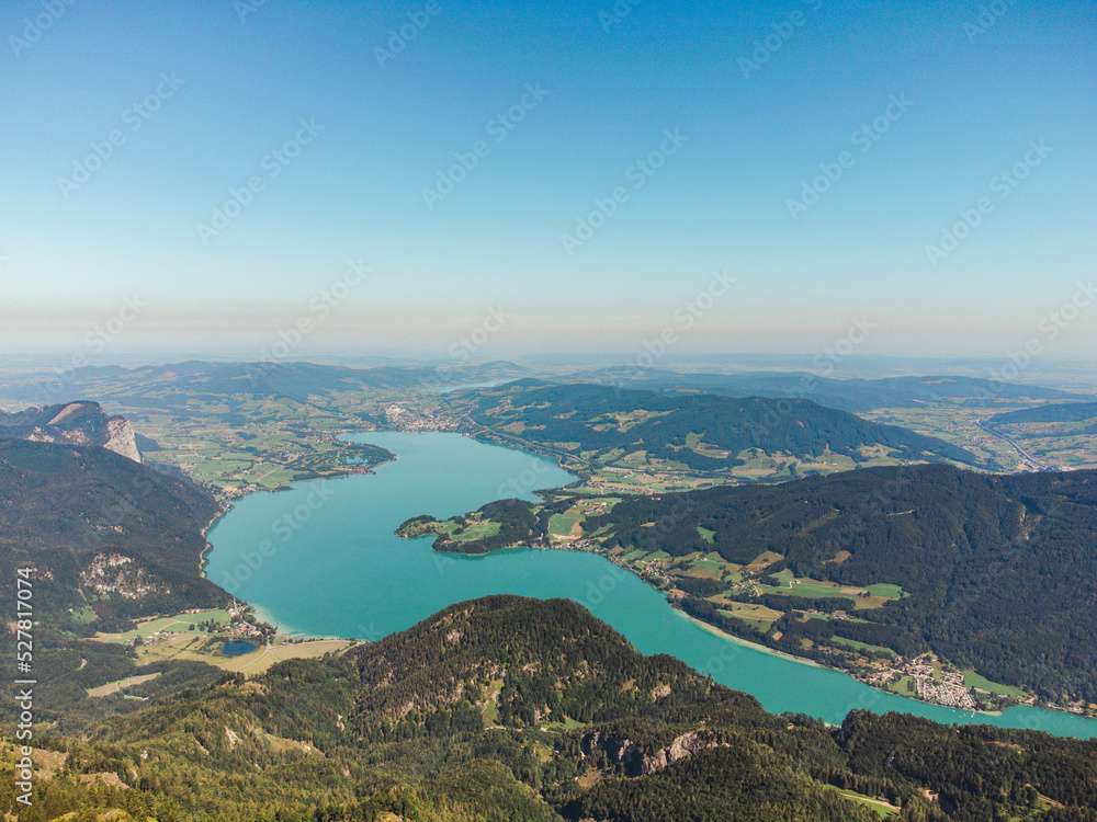 View of Wolfgangsee lake from Schafberg mountain, Austria. Wolfgangsee Lake from alp mountain Schafberg. Sankt St. Wolfgang im in Salzkammergut, Ried, Salzburgerland, Austria.