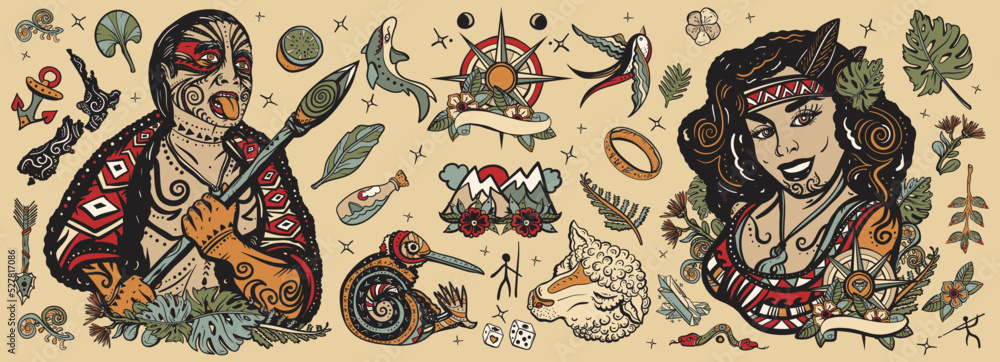 Naklejka premium Old school tattoo collection. New Zealand. Ethnic Polynesian woman in traditional costume. Aboriginal tribes, Maori warrior grimace. Kiwi bird, sheep, mountains, map. Tradition and people