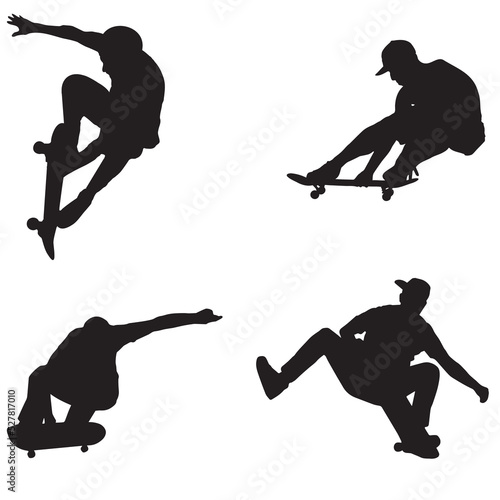 Skateboarders. Skaters. Four silhouettes of skateboarders. The shadows of the skaters. Skaters perform tricks. Stencils