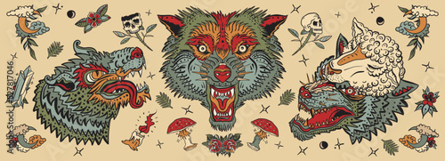 Old school tattoo collection. Wolf head. Werewolf in sheep clothing. Aggressive wolves traditional tattooing style