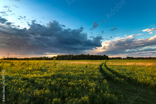 Summer rural landscape with road at evening time. Green field against blue sky with clouds.