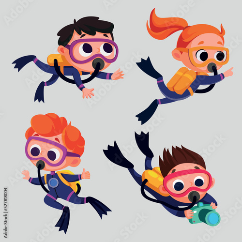 Scuba diver girl and boy Vector illustration in cartoon style