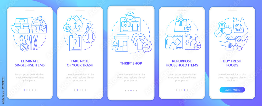 Transitioning to low waste routine blue gradient onboarding mobile app screen. Walkthrough 5 steps graphic instructions with linear concepts. UI, UX, GUI template. Myriad Pro-Bold, Regular fonts used