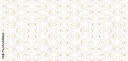 Vector abstract geometric seamless pattern in traditional Arabian style. Golden ornament with thin lines, oriental mosaic, floral grid. White and gold background. Luxury texture. Wide repeat design