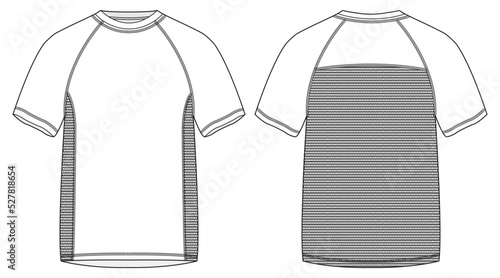 raglan t shirt short sleeve mens raglan sportswear jersey tees with mesh details technical drawing flat sketch vector illustration. front and back view template cad mockup. photo