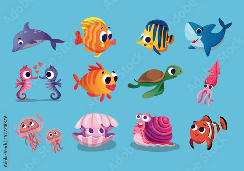 cute cartoon style sea animal illustration set