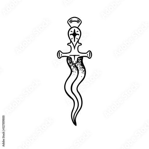 Occult knife. Ritual dagger vector icon. Shining occult knife with a sharp blade, black handle. Vintage stiletto, magical witch sword. Outline isolated on white. 