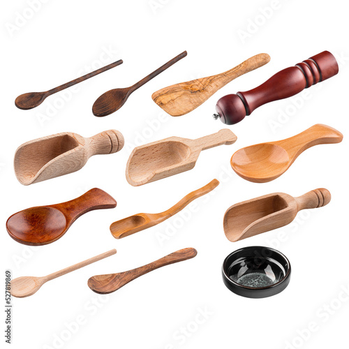 Isolated set of wooden cookware tools collage