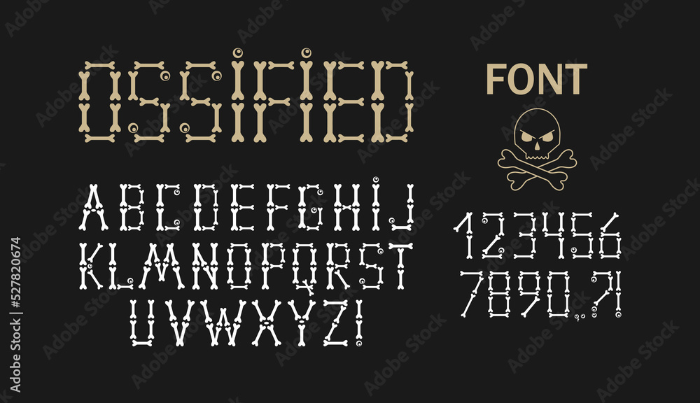 Fototapeta premium Font with letters, numbers made of bones. Latin alphabet type of skeleton bones, stylized small eyes, question mark, exclamation point, comma included. White symbols on black background.