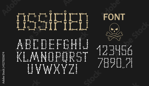 Font with letters, numbers made of bones. Latin alphabet type of skeleton bones, stylized small eyes, question mark, exclamation point, comma included. White symbols on black background.