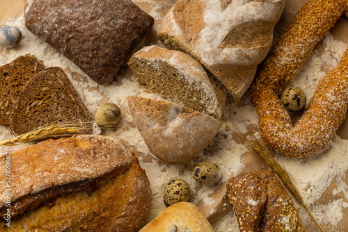 Background assortment of bakery products, gluten free, rye