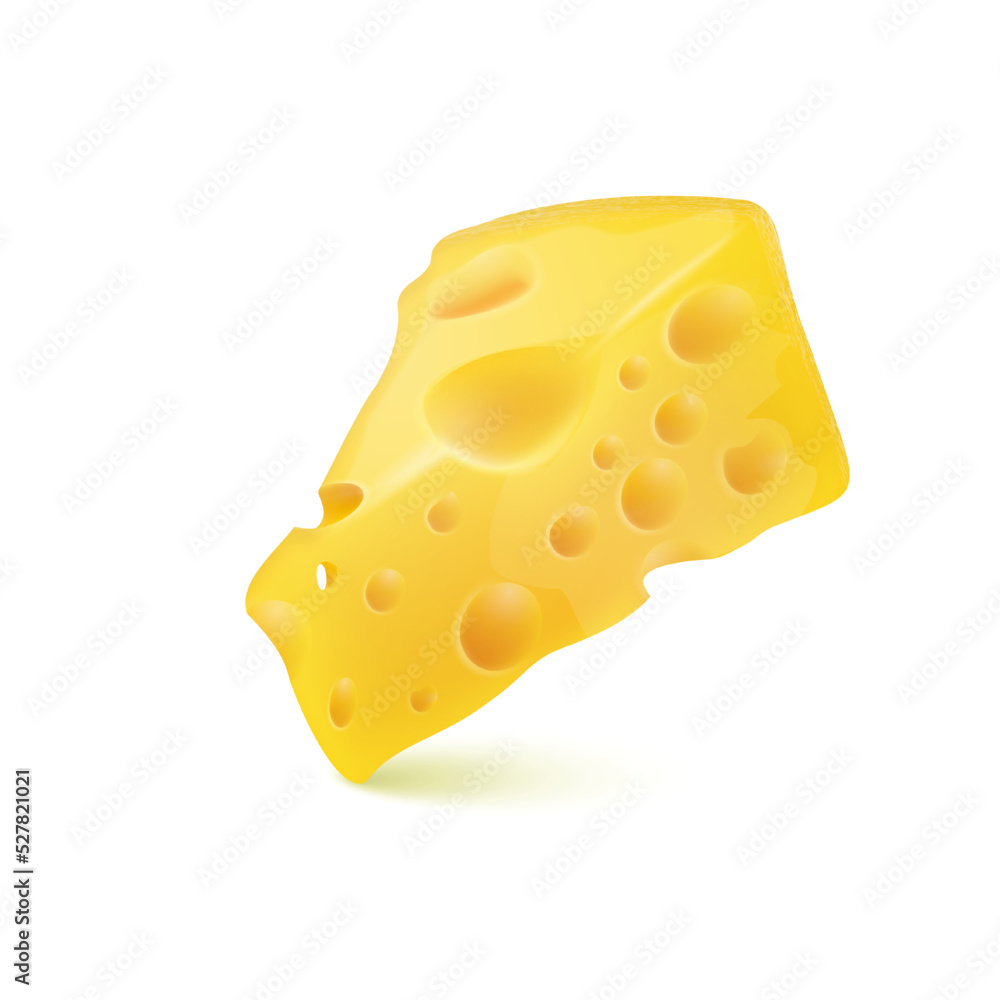 Vector realistic 3D cheese with shadow. Delicious piece of cheese. Food decoration. Vector realistic 3D cheese with shadow. Delicious piece of cheese. Food decoration.