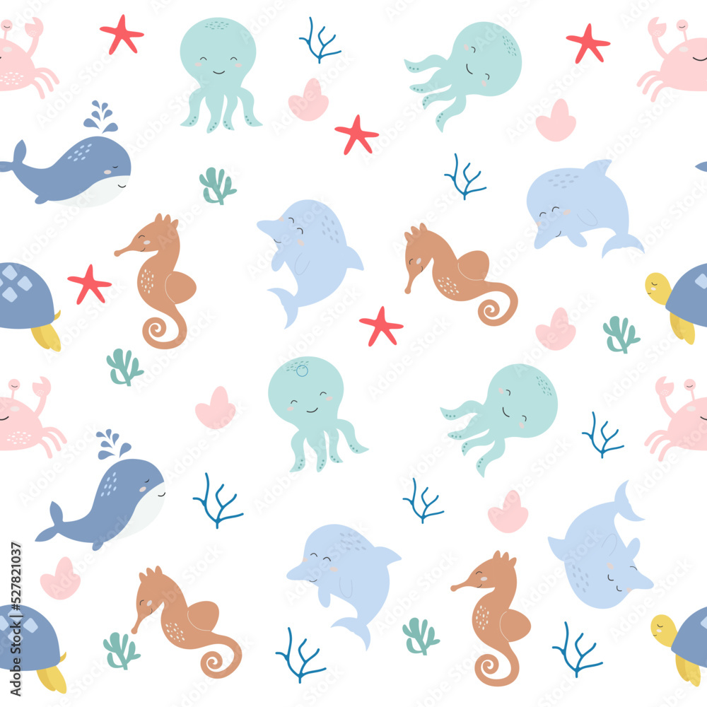 Seamless children's sea animals pattern. Vector illustration