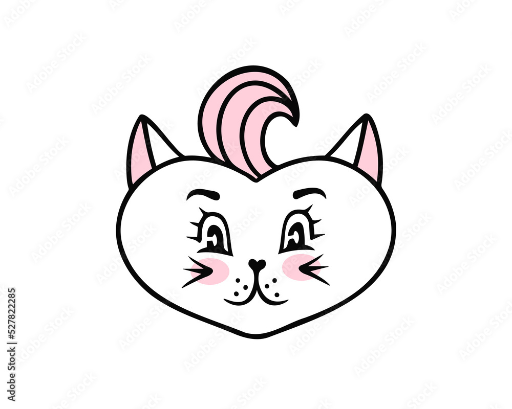 Cat with a forelock, bangs, funny cat face, girl. Vector Illustration for backgrounds, covers and packaging. Image can be used for greeting cards, posters and textile. Isolated on white background.