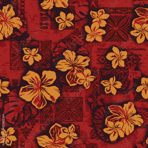 Hawaiian tribal elements and hibiscus flowers patchwork abstract vintage vector seamless pattern 