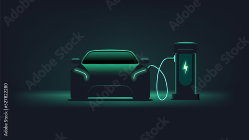 Electric car charging. Dark background. Electronic vehicle power dock. EV Plugin station. Fuel recharge cells. Green color vector illustration.