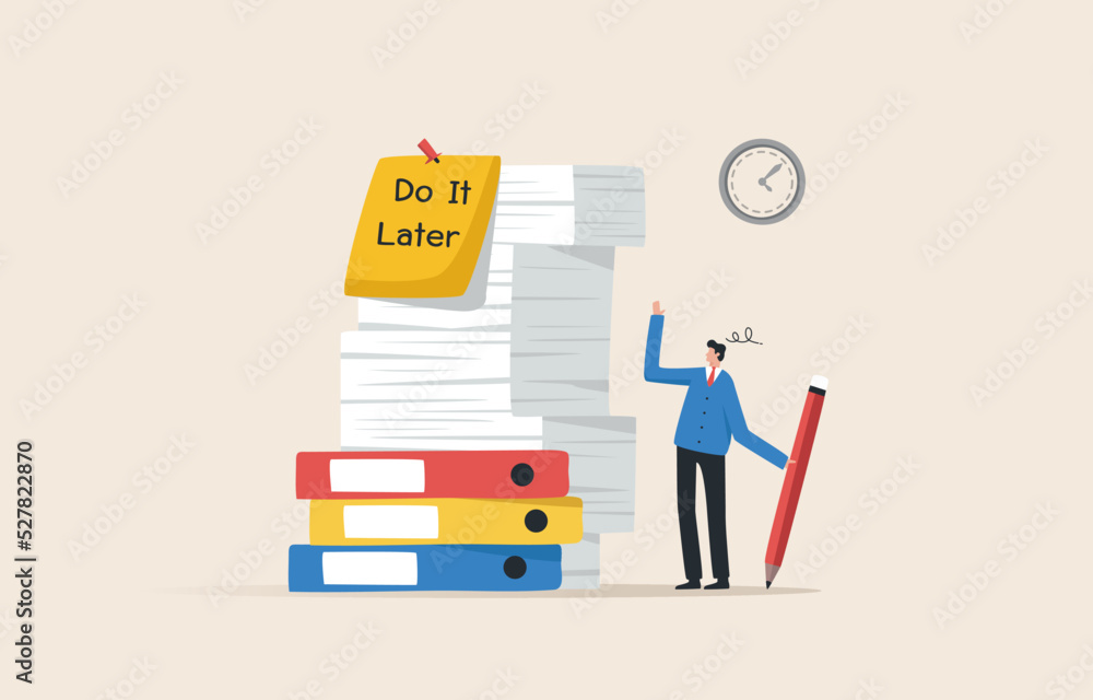 Overload, procrastinate, do it later, lazy to postpone all work. Overcome Laziness and Procrastination. Businessman, office worker watching long list later. Overload, procrastinate, do it later, lazy to postpone all work. Overcome Laziness and Procrastination. Businessman, office worker watching long list later.