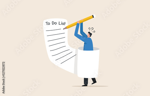 Long to do list. Overwhelmed work and responsibility or performance and effectiveness management.  Businessman holding a big pencil thinking about writing a to-do list on paper.