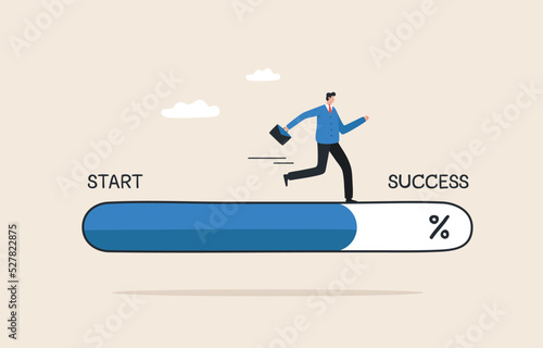 Progress from the beginning to success. Challenge your progress and win the race. Mission accomplished to complete the project.  Businessmen run from the start to success.