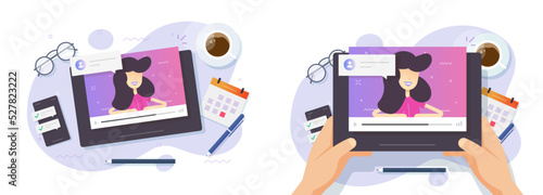 Webinar video online seminar on laptop computer vector meeting illustrated, web conference virtual digital distance event, teacher study remotely from tablet screen, electronic videoconference learn