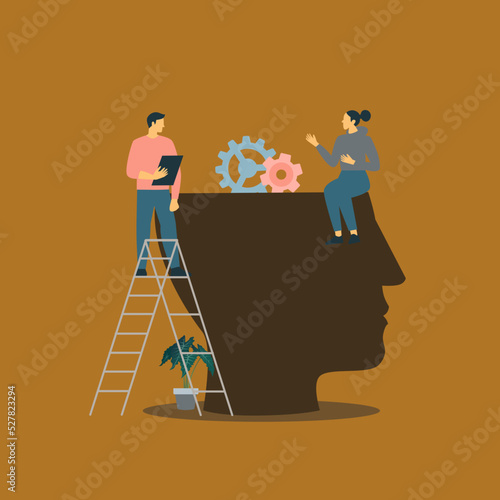 Mental health care treatment vector illustration concept. specialist doctors work to give psychology therapy. Tiny people character. Banner, poster, or media social printing.