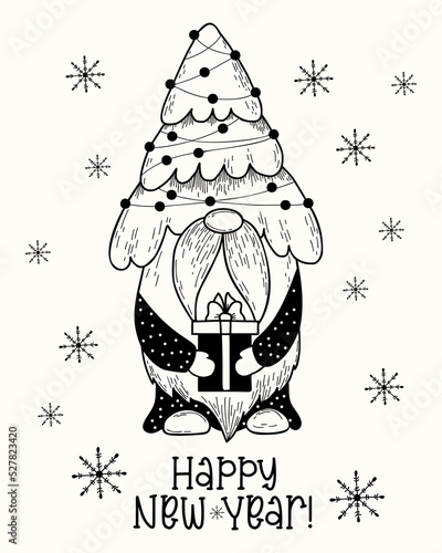 Christmas card with hand drawn cute scandinavian gnome with christmas tree and gift. Happy New Year. Funny vector illustration, cartoon style, winter character, gnome Santa Claus