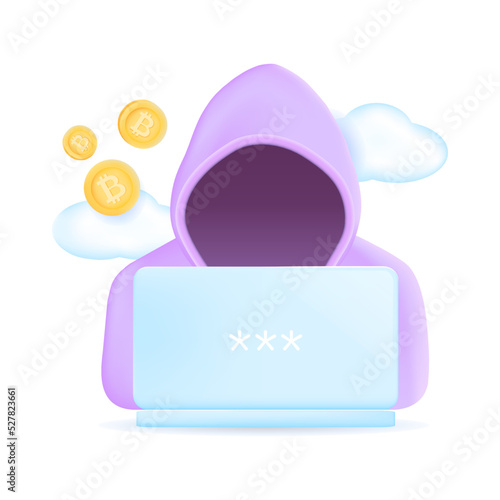 Concept of crypto anonymity. Vector illustration of man in cape with laptop.