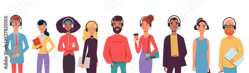Call center agents avatars collection set. Call center, customer support, telemarketing agents. Modern flat vector illustration portraits set.