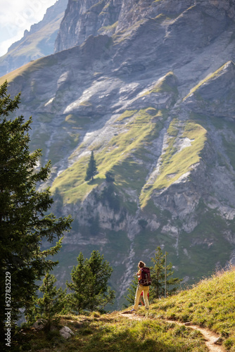 Mother with her son in the mountains in Switzerland on Lake Oeschinensee