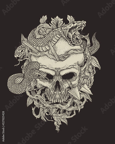 dead skull with snake and ornament
