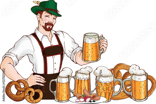 Vector illustration: young handsome bearded man wearing traditional bavarian clothes, holding big glass mug of beer and some drinks , food. Design for october fest card, poster, invitation, menu.