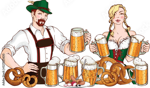 Vector young  bearded man and pretty blond woman wearing traditional bavarian clothes  with glass mugs of beer, pretzels, sausage. October fest illustration for design card, menu, poster, invitation.