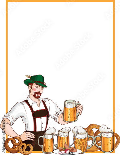 Vector rectangle frame decorated illustration of young handsome man wearing traditional bavarian clothes, beer, pretzel, sausage. For october fest  design card, poster, menu with empty place for text.