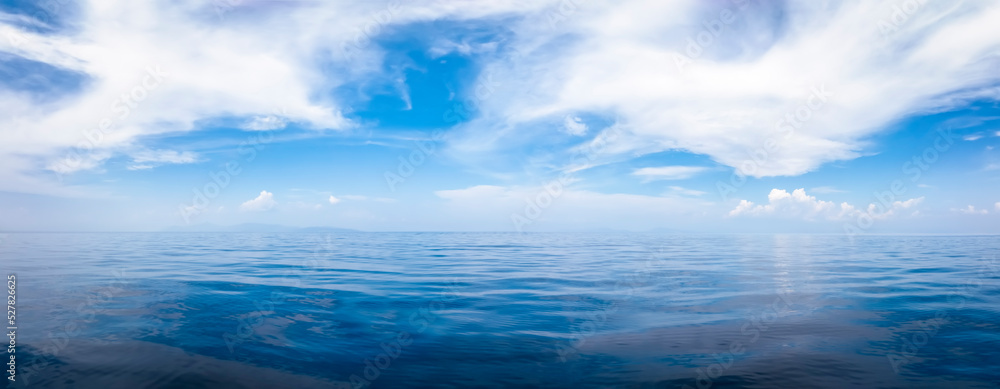 A background of open, calm ocean with blue sky and white clouds and reflections in the water
