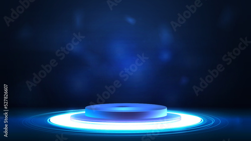 Blue digital podium with circle shine lamp on floor