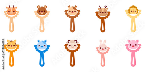 Fototapeta Naklejka Na Ścianę i Meble -  A baby rattle with a handle. A rattle with a cartoon animals for kids. A gift for newborns. Set