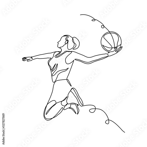 Continuous single one line drawing of basketball woman player healthy sport championship vector illustration