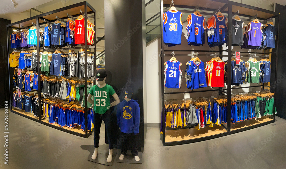 Kid size team jerseys for sale at NBA store in Manhattan. Stock