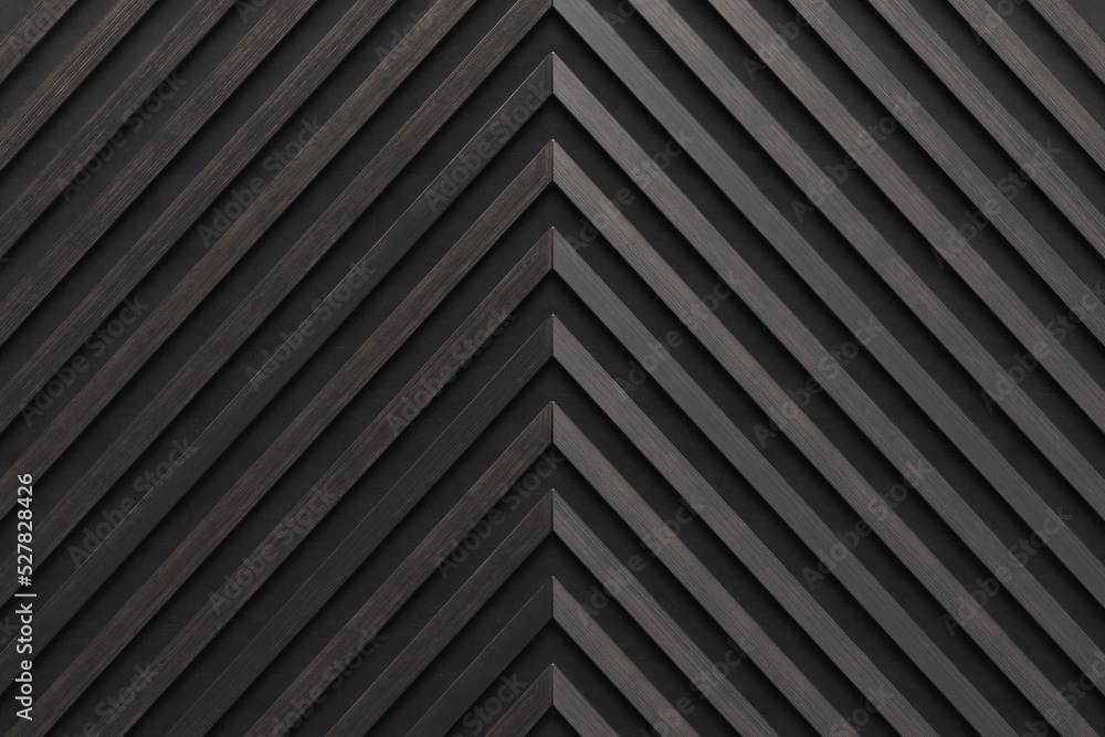 A wooden lamella wall in the color of burnt wood with a pattern of wall panels in the background A wooden lamella wall in the color of burnt wood with a pattern of wall panels in the background