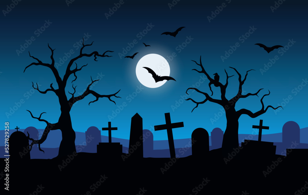Vector halloween landscape with silhouettes of scary trees, graves and flying bats with blue sky background and full moon
