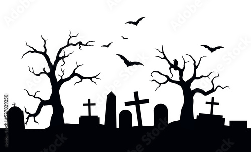 Fotografia Vector black silhouette of a scary cemetery landscape with graves, crooked trees