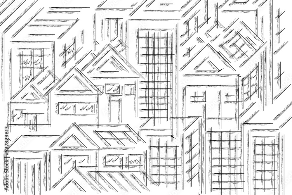One line drawing illustrates crowded urban city