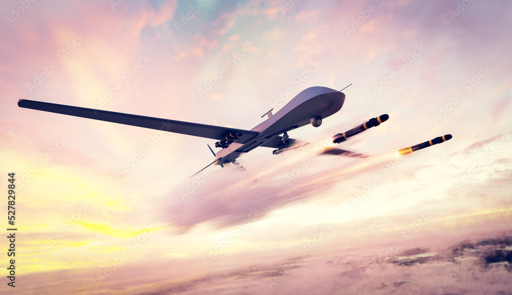 Fototapeta premium Military combat drone UAV launching missiles