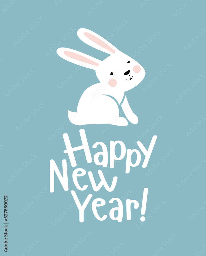 Print. Vector New Year card with a cute hare. Cartoon white rabbit. Symbol of 2023. Happy New Year and Merry Christmas! Chinese New Year. Postcard, poster, invitation. Print. Vector New Year card with a cute hare. Cartoon white rabbit. Symbol of 2023. Happy New Year and Merry Christmas! Chinese New Year. Postcard, poster, invitation.