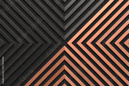 A wooden lamella wall in the color of natural and burnt wood with a pattern of wall panels in the background