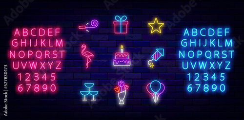 Happy Birthday neon icons collection. Gift, flamingo and bouquet. Shiny blue and pink alphabet. Vector illustration