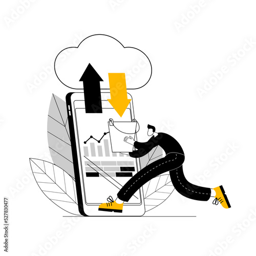 A hacker with a bucket collects data when downloading and exchanging with a cloud server. Vector illustration on the topic of cybercrime and secure data exchange.
